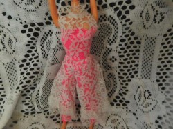 1823 1968 BARBIE JUMP INTO LACE HOSTESS JUMPSUIT, PINK MULES COMPLETE
